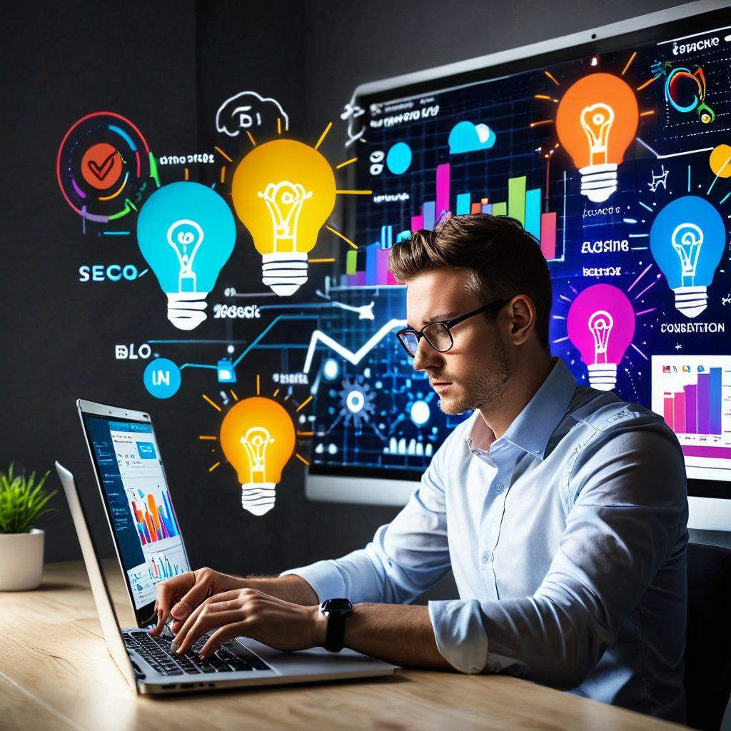 A captivating scene of a person managing a blog on a laptop, surrounded by colorful charts and graphs representing SEO metrics and blog statistics. Include a glowing light bulb symbolizing creativity and inspiration above their head. The background should depict a digital landscape with interconnected blogs and social media icons. The mood should be vibrant and energetic, reflecting innovation and success. super-realistic. vibrant colors. white background.