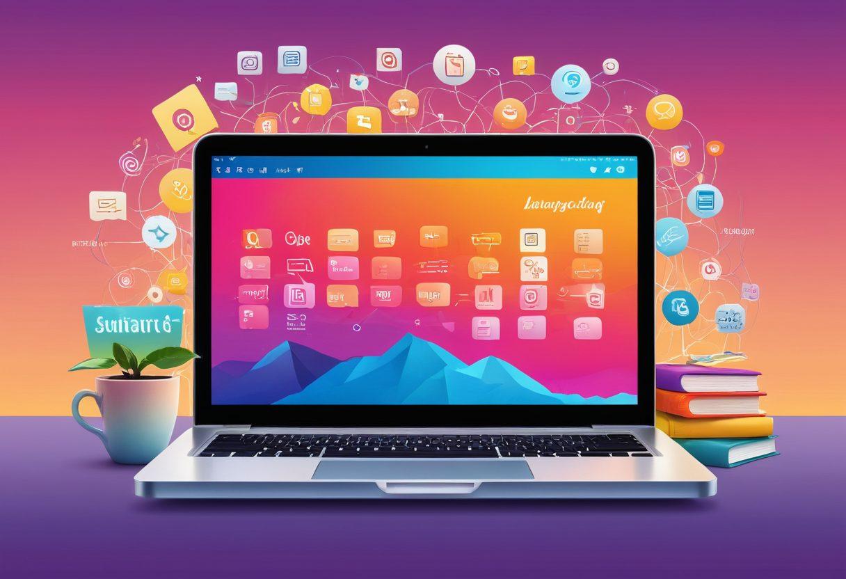 A visually engaging illustration showcasing the journey of blogging, starting from domain registration represented by a secure lock and a domain name on a digital screen, flowing into a brainstorming session with colorful sticky notes, and culminating in a person joyfully writing on a laptop surrounded by creative elements like books, a coffee cup, and social media icons. The background features a gradient sky transitioning from dawn to dusk, symbolizing growth and evolution. vibrant colors. vector art.