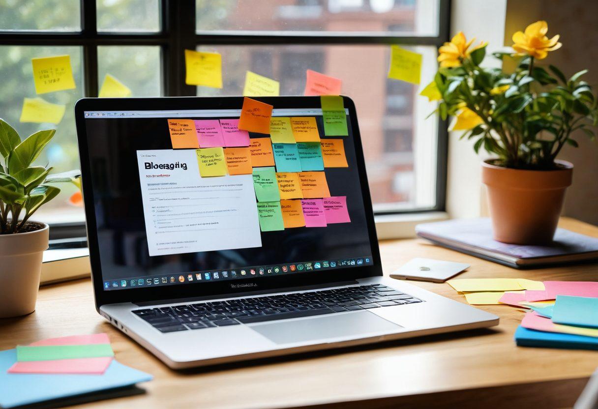 An open laptop displaying a vibrant blog page, surrounded by colorful sticky notes with strategic blogging tips. In the background, a person actively engaging with their audience on social media, symbolizing online presence and interaction. Sunlight streaming through a window, creating an inviting workspace atmosphere. super-realistic. vibrant colors. 3D.